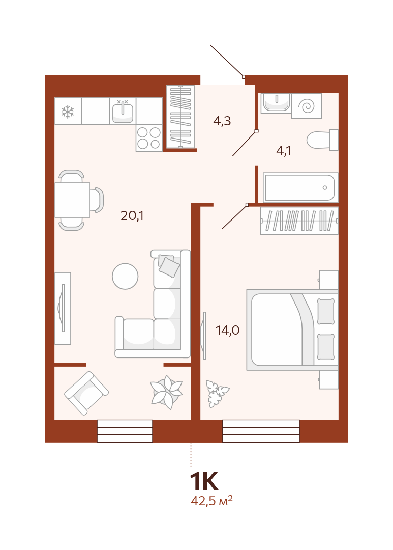 Планировка: Евродвушка 42.5 м² в ЖК Новатор, Центр: КПД