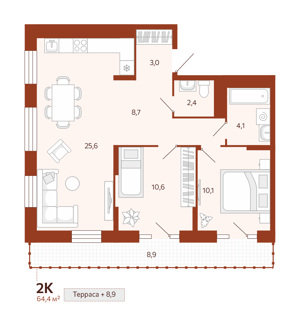 Планировка: Евротрешка 64.4 м² в ЖК Новатор, Центр: КПД