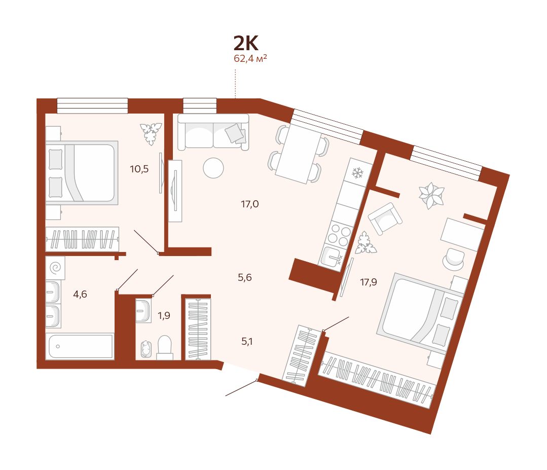 Планировка: Евротрешка 62.4 м² в ЖК Новатор, Центр: КПД