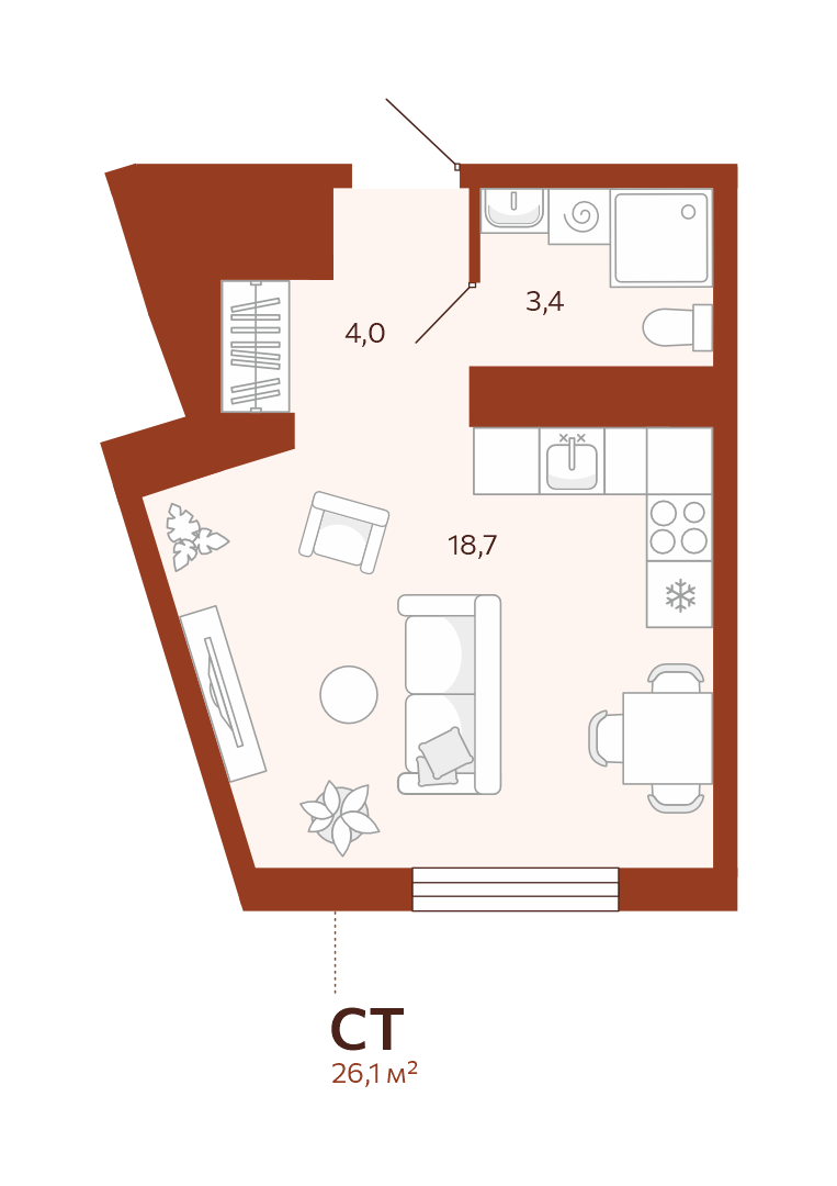 Планировка: Студия 26.1 м² в ЖК Новатор, Центр: КПД