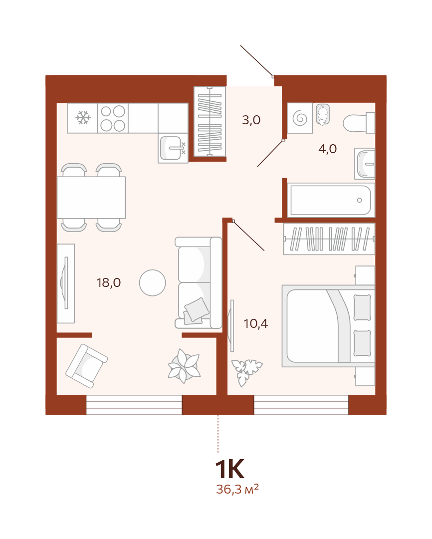 Планировка: Евродвушка 36.3 м² в ЖК Новатор, Центр: КПД
