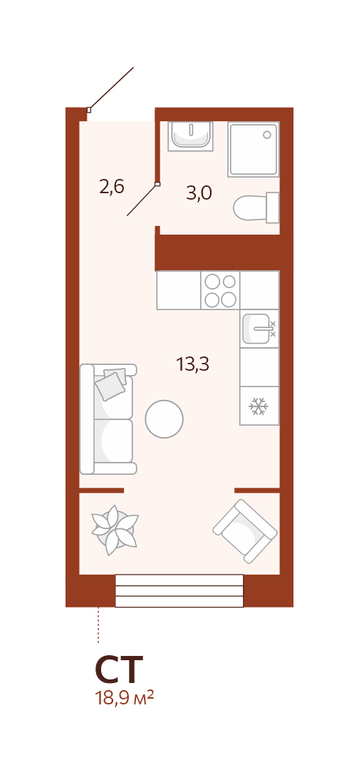 Планировка: Студия 18.9 м² в ЖК Новатор, Центр: КПД