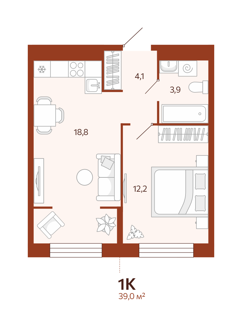 Планировка: Евродвушка 39 м² в ЖК Новатор, Центр: КПД