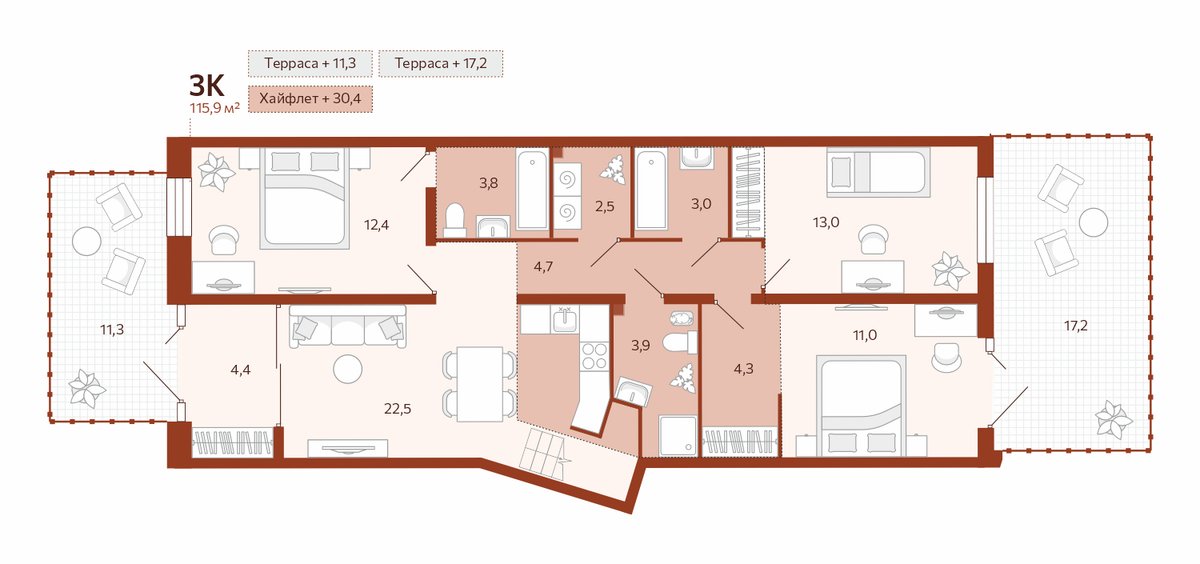 Планировка: 4-комнатная евро 85.7 м² в ЖК Новатор, Центр: КПД