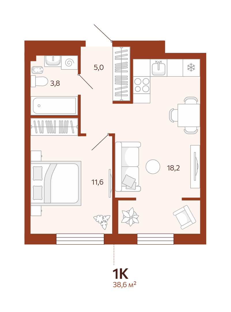 Планировка: Евродвушка 38.6 м² в ЖК Новатор, Центр: КПД