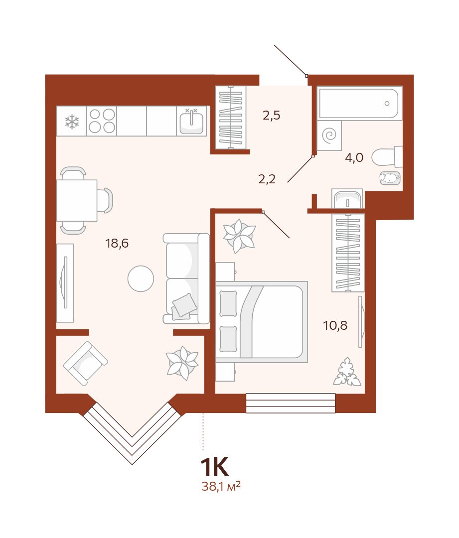 Планировка: Евродвушка 38.1 м² в ЖК Новатор, Центр: КПД
