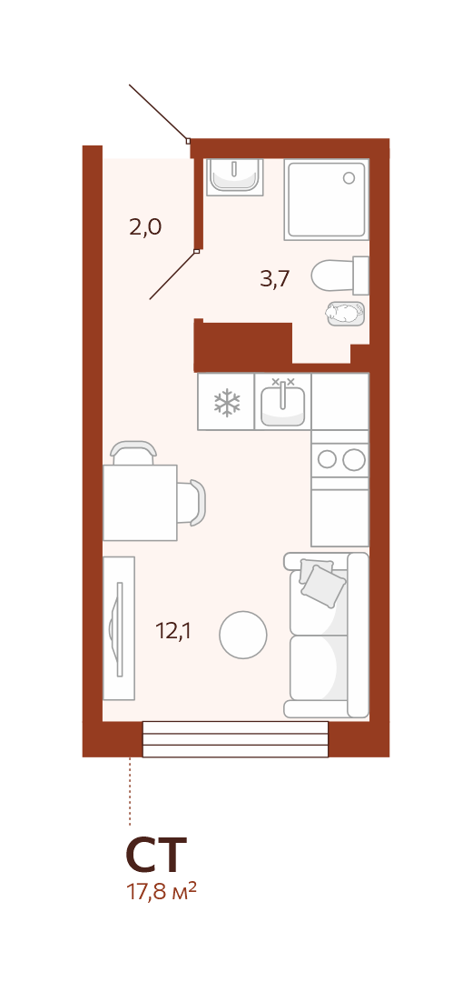 Планировка: Студия 17.8 м² в ЖК Новатор, Центр: КПД