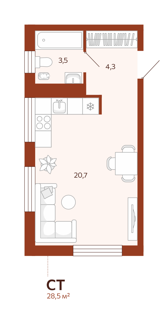 Планировка: Студия 28.5 м² в ЖК Новатор, Центр: КПД