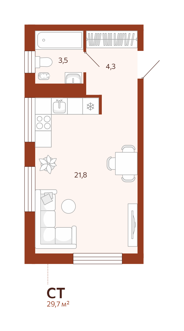 Планировка: Студия 29.6 м² в ЖК Новатор, Центр: КПД