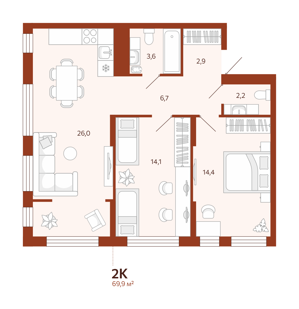 Планировка: Евротрешка 69.9 м² в ЖК Новатор, Центр: КПД