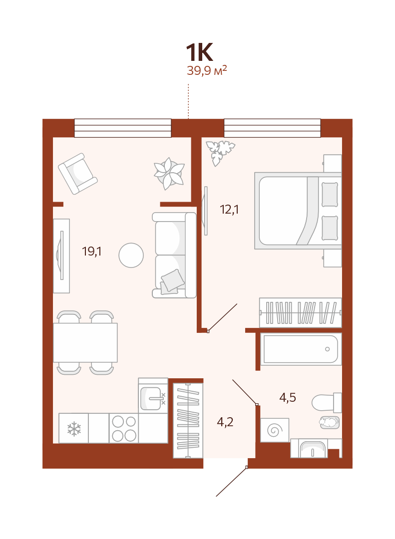 Планировка: Евродвушка 39.9 м² в ЖК Новатор, Центр: КПД