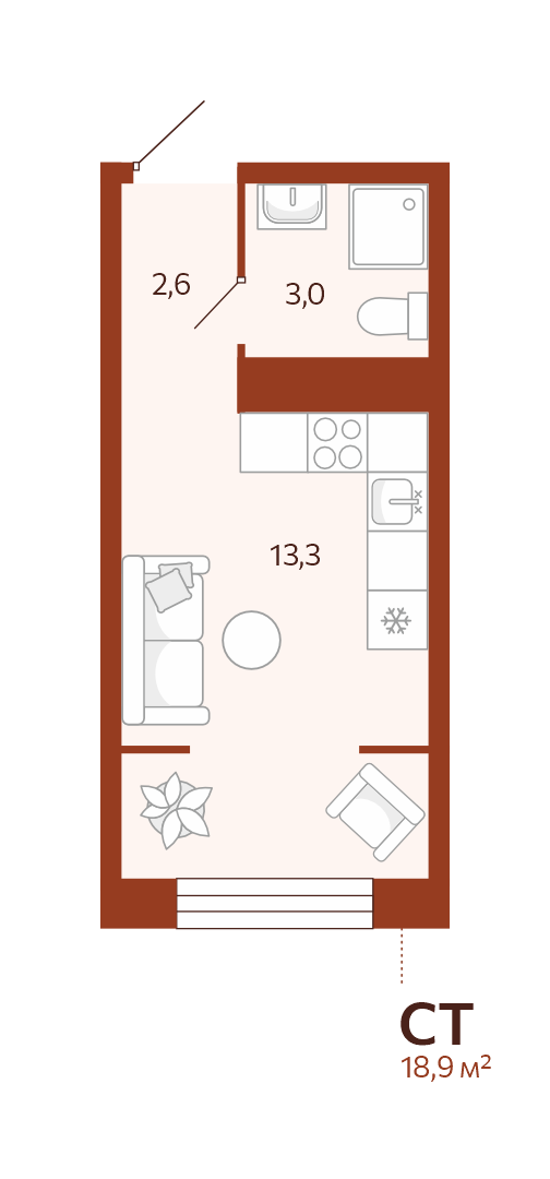 Планировка: Студия 18.9 м² в ЖК Новатор, Центр: КПД