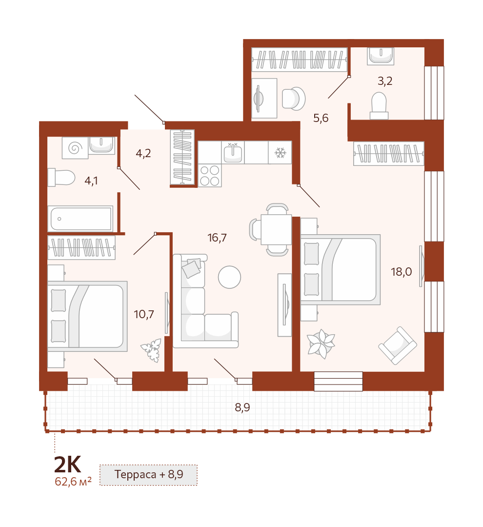 Планировка: Евротрешка 62.6 м² в ЖК Новатор, Центр: КПД
