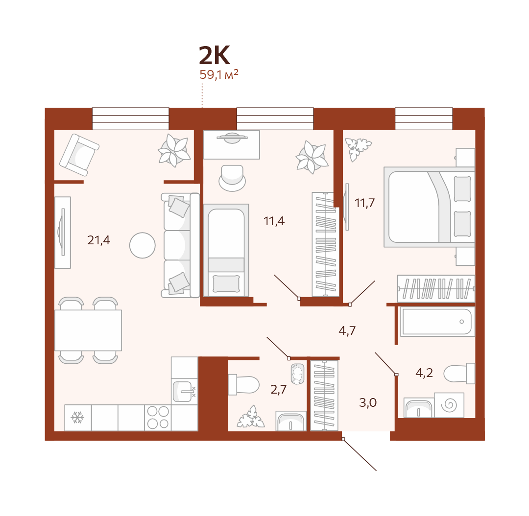 Планировка: Формат уточняется 59.1 м² в ЖК Новатор, Центр: КПД