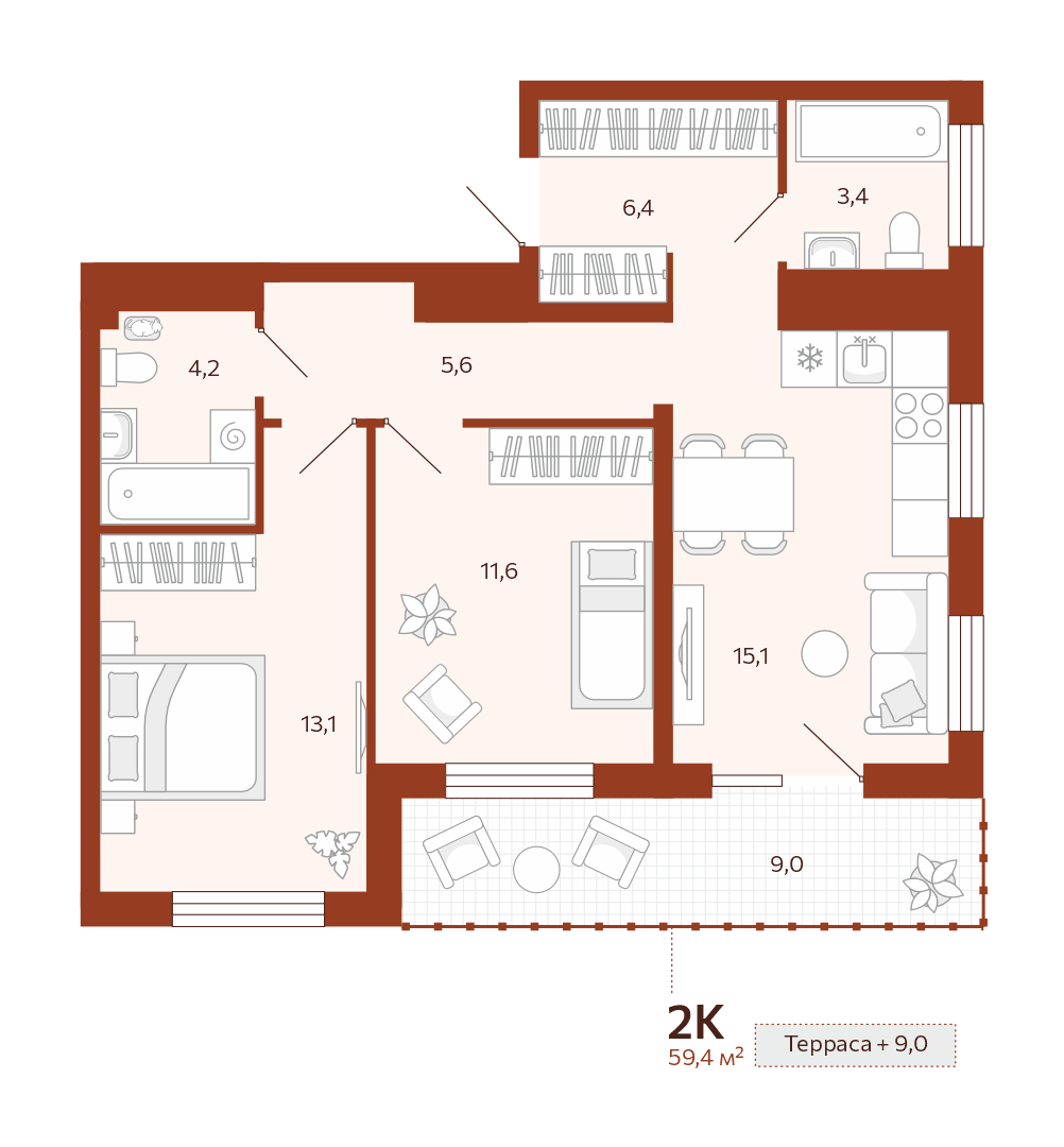 Планировка: Евротрешка 59.4 м² в ЖК Новатор, Центр: КПД