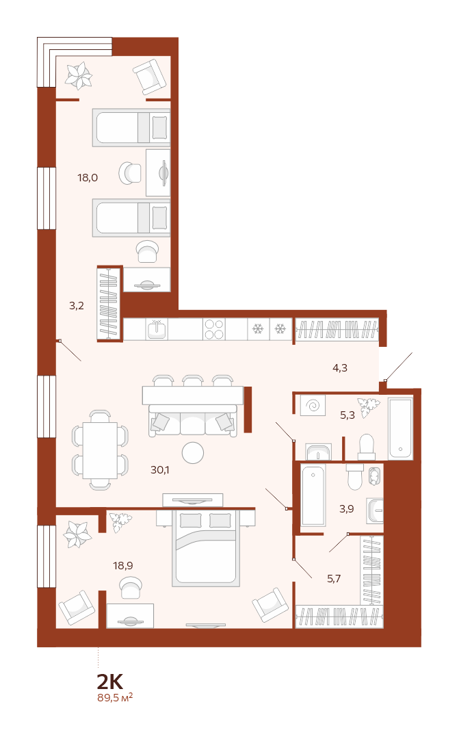Планировка: Евротрешка 89.5 м² в ЖК Новатор, Центр: КПД