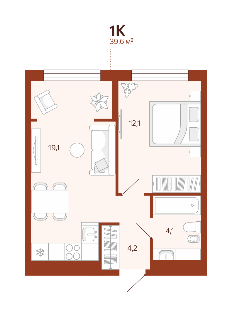 Планировка: Евродвушка 39.6 м² в ЖК Новатор, Центр: КПД