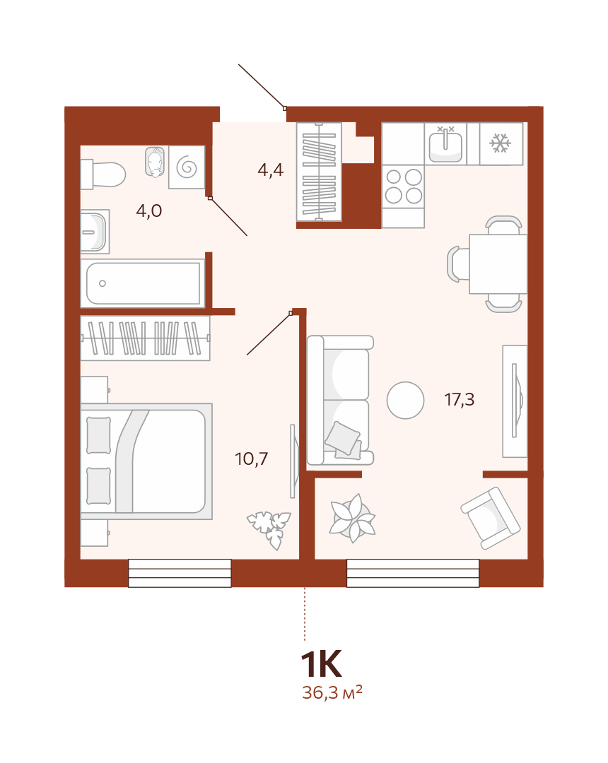 Планировка: Евродвушка 36.3 м² в ЖК Новатор, Центр: КПД