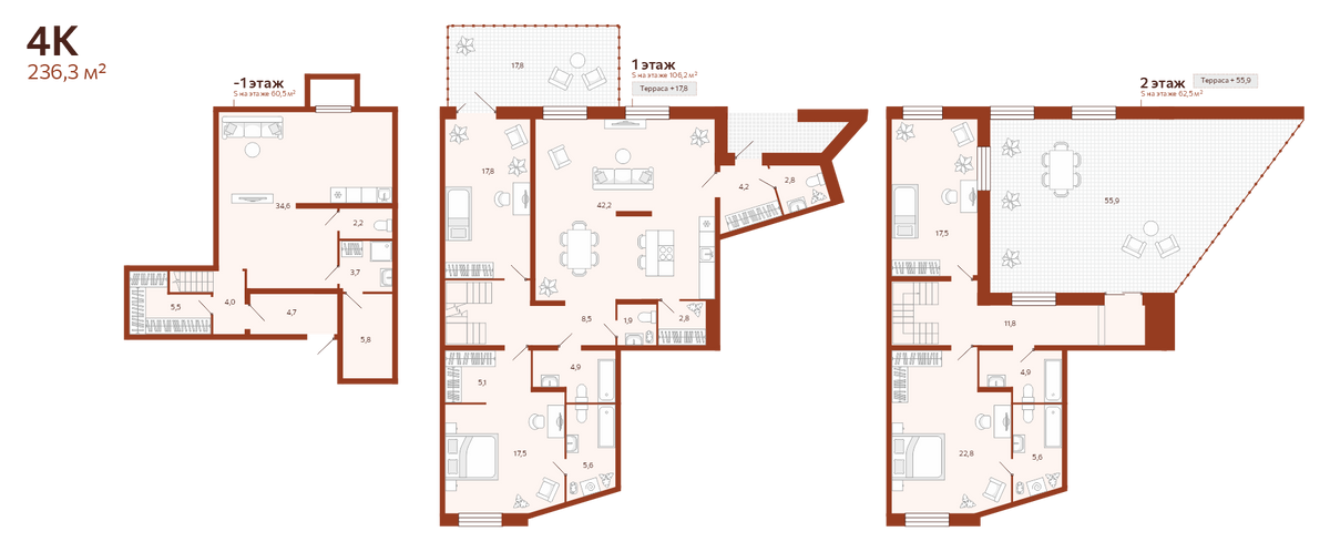 Планировка: 5-комнатная евро 236.3 м² в ЖК Новатор, Центр: КПД