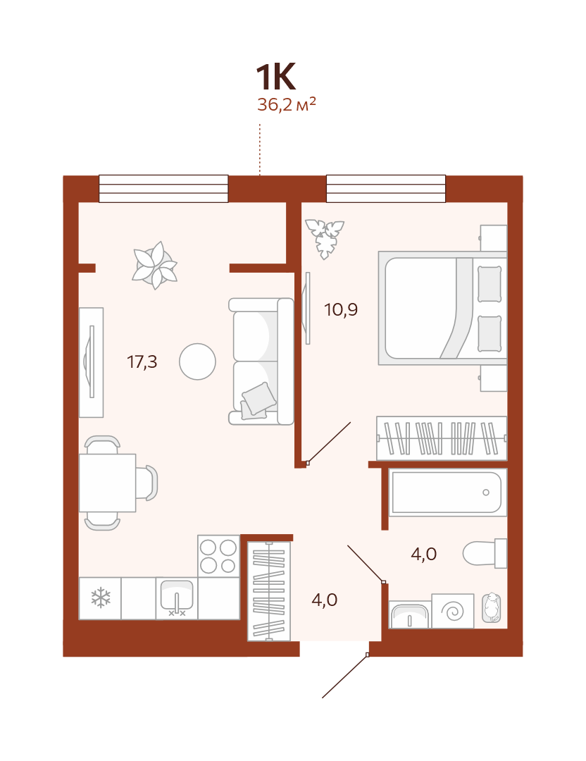 Планировка: Евродвушка 36.3 м² в ЖК Новатор, Центр: КПД