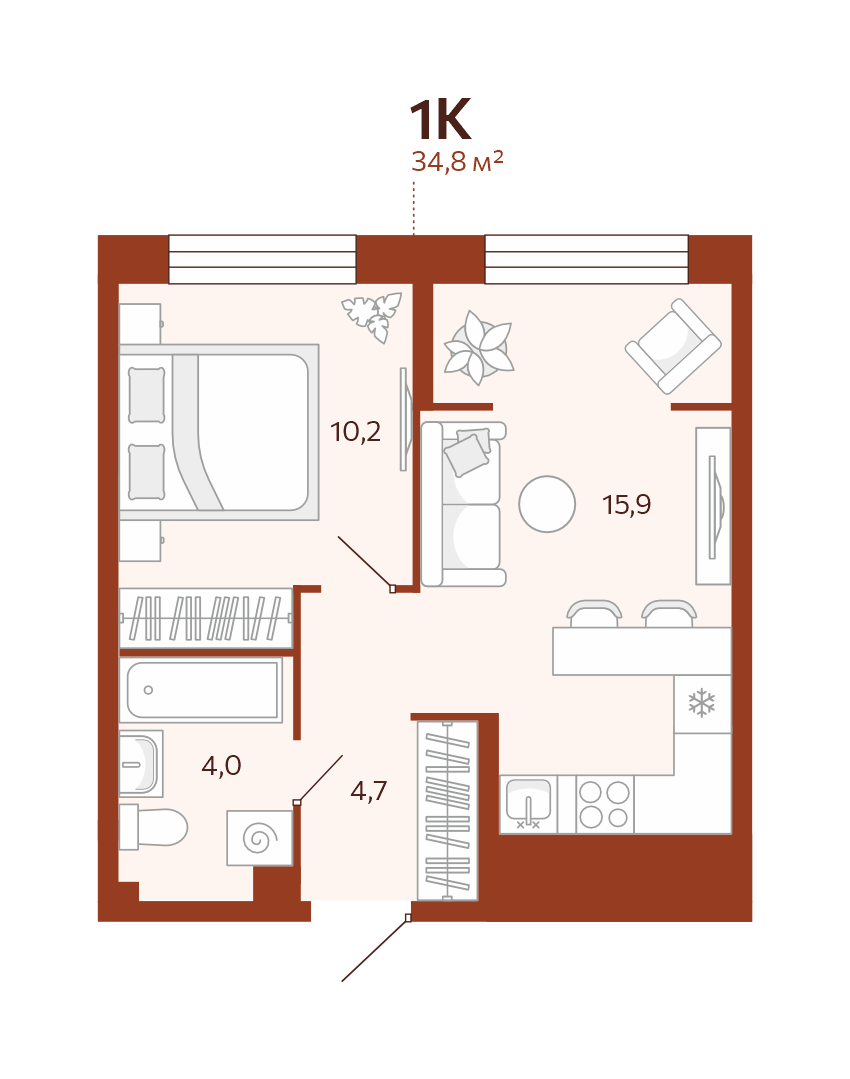 Планировка: Евродвушка 34.8 м² в ЖК Новатор, Центр: КПД