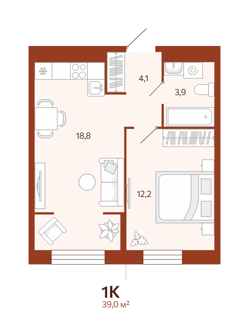 Планировка: Евродвушка 39 м² в ЖК Новатор, Центр: КПД
