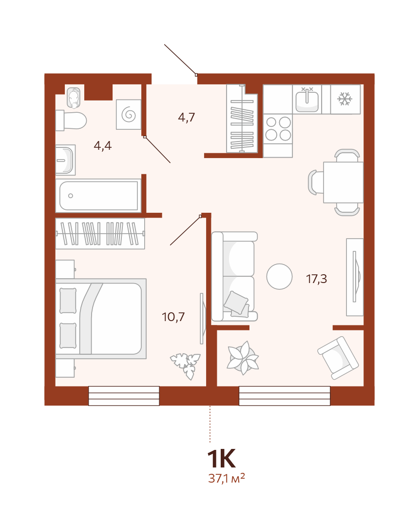Планировка: Евродвушка 37 м² в ЖК Новатор, Центр: КПД