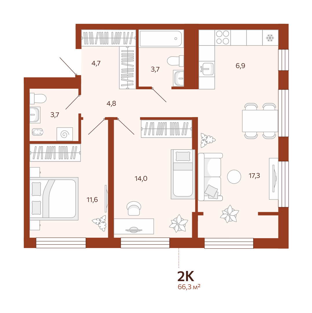 Планировка: Евротрешка 66.3 м² в ЖК Новатор, Центр: КПД