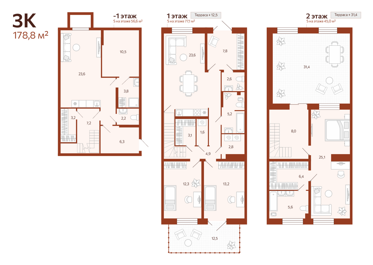 Планировка: 4-комнатная евро 178.8 м² в ЖК Новатор, Центр: КПД