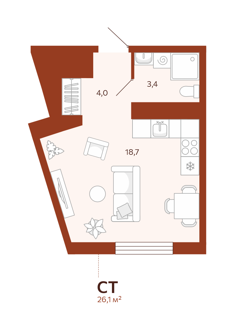 Планировка: Студия 26.1 м² в ЖК Новатор, Центр: КПД