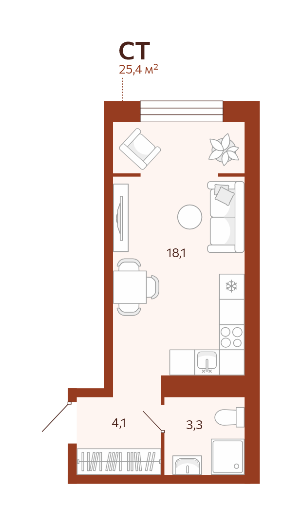 Планировка: Студия 25.4 м² в ЖК Новатор, Центр: КПД