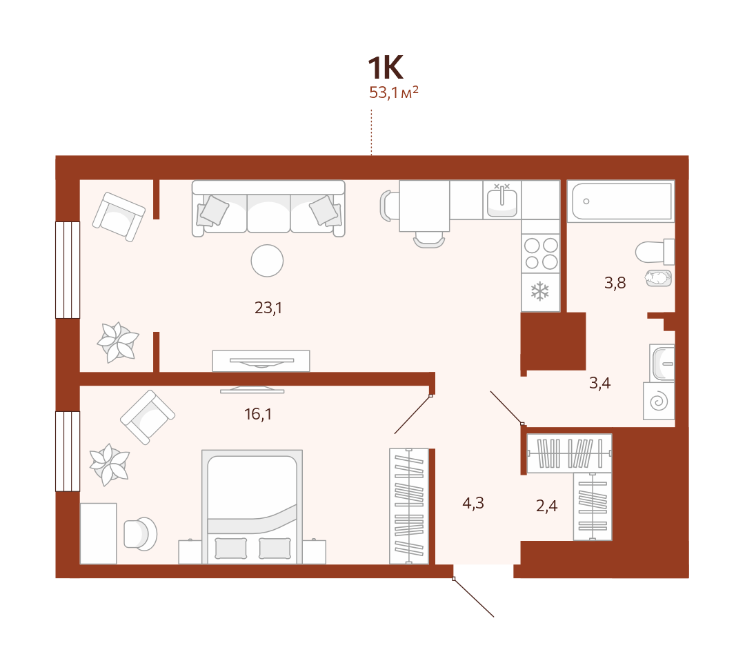 Планировка: Евродвушка 53.1 м² в ЖК Новатор, Центр: КПД