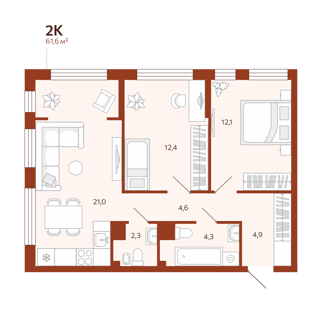 Планировка: Евротрешка 61.6 м² в ЖК Новатор, Центр: КПД