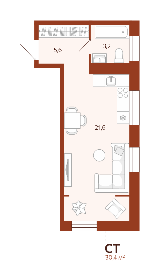 Планировка: Студия 30.4 м² в ЖК Новатор, Центр: КПД