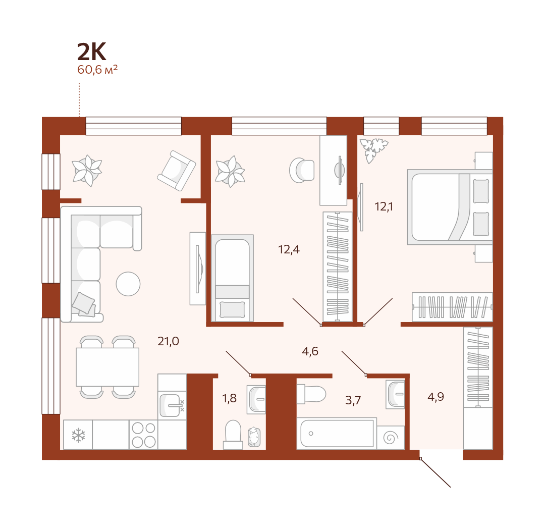 Планировка: Евротрешка 60.6 м² в ЖК Новатор, Центр: КПД