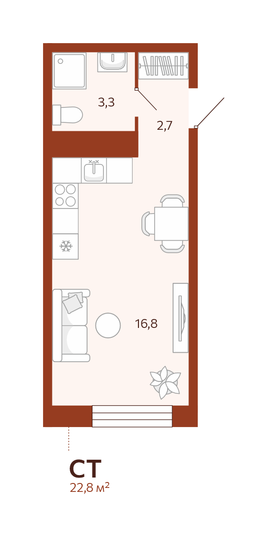 Планировка: Студия 22.8 м² в ЖК Новатор, Центр: КПД