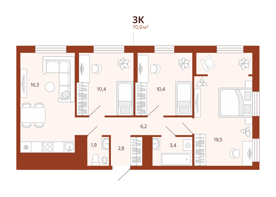 Планировка: 4-комнатная евро 70.8 м² в ЖК Новатор, Центр: КПД