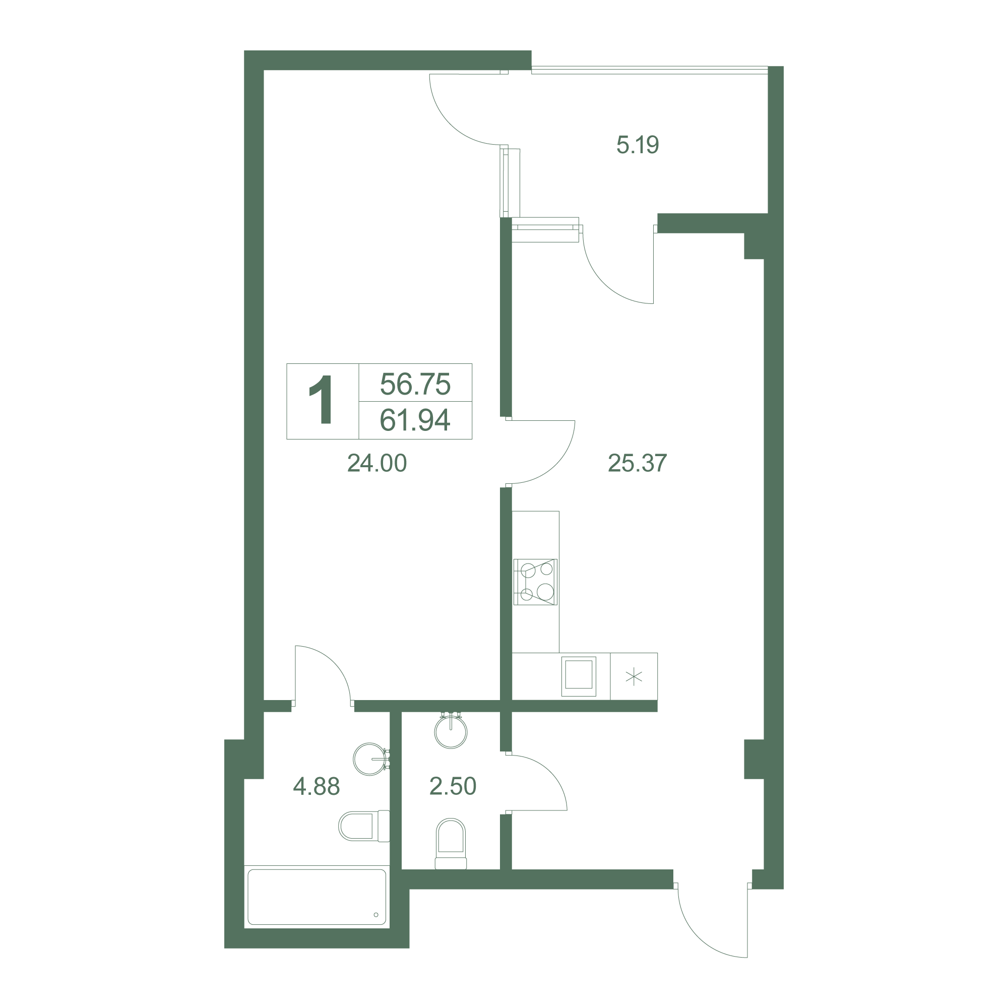1-к, 62.3 м² · Резиденция Дарсан