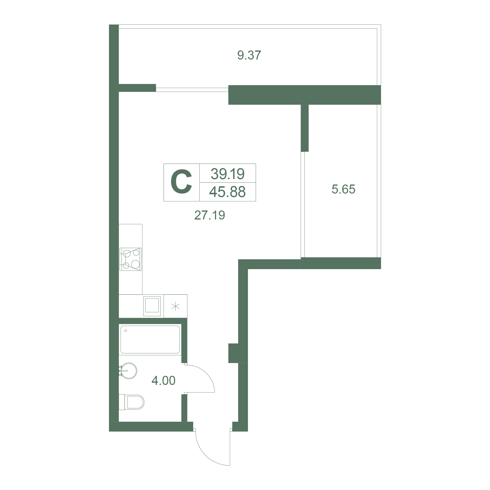 Студия, 46.21 м² · Резиденция Дарсан