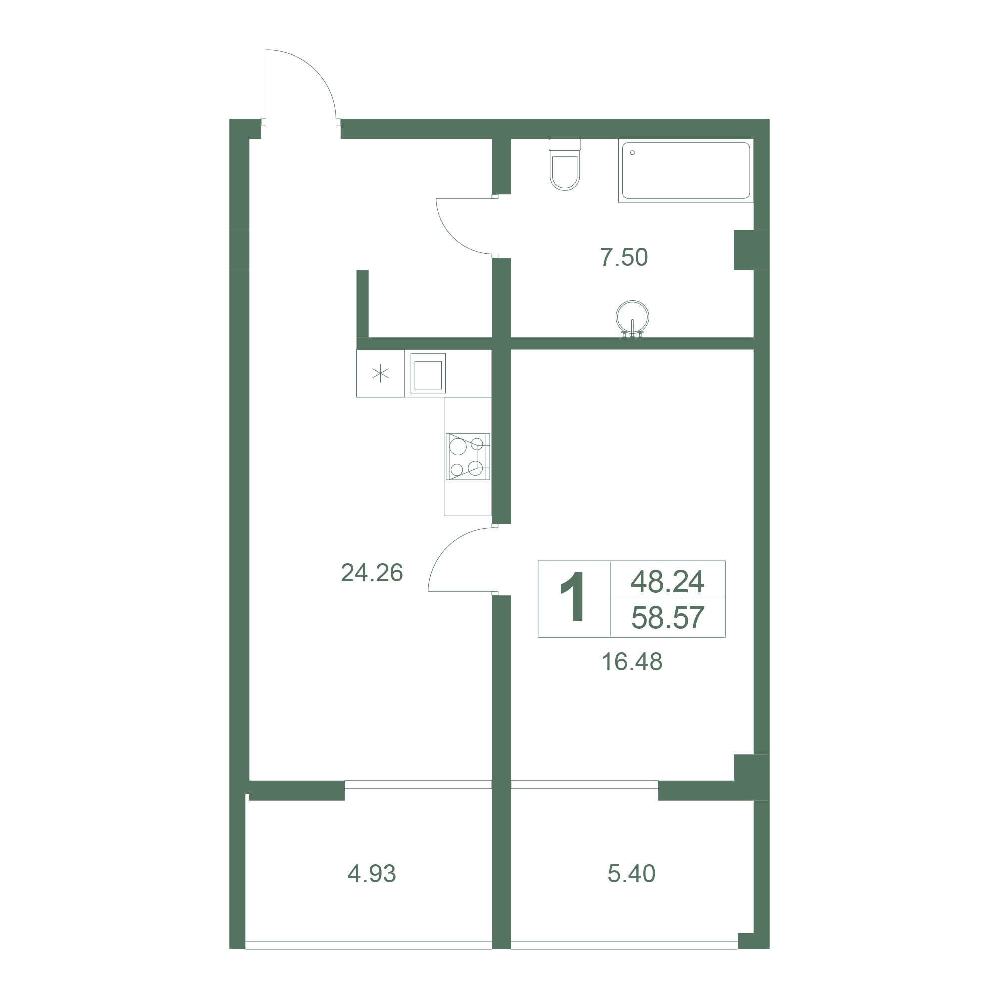 1-к, 58.57 м² · Резиденция Дарсан