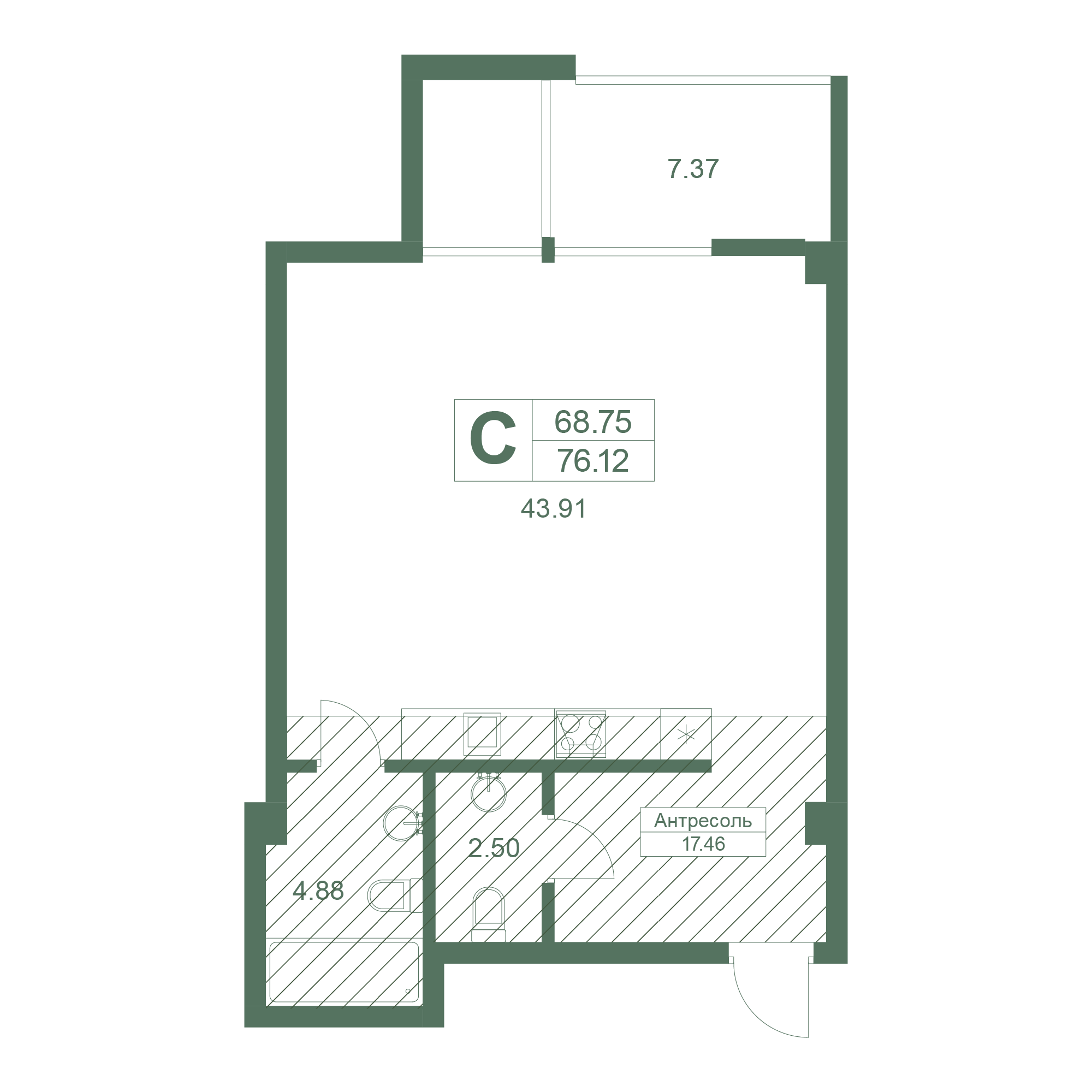 Студия, 57.78 м² · Резиденция Дарсан